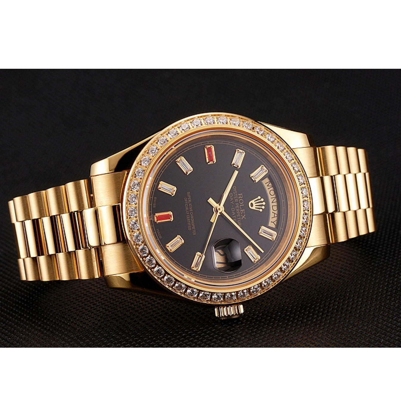 Best AAA Replica Sites Day-Date Bracelet Gold Diamonds 1454101 And Black Swiss Rolex Rubies Dial 0626